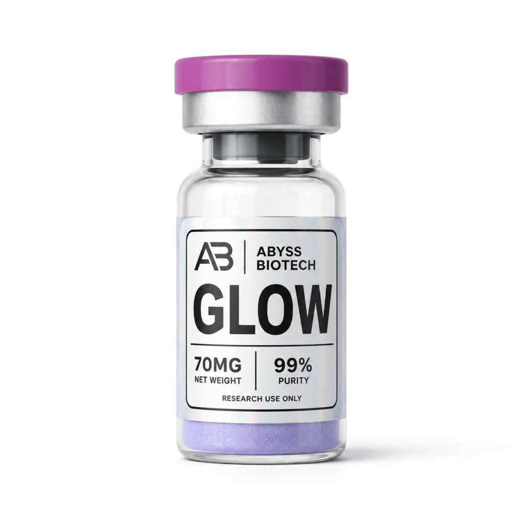 GLOW 70 mg research blend vial with purple compound